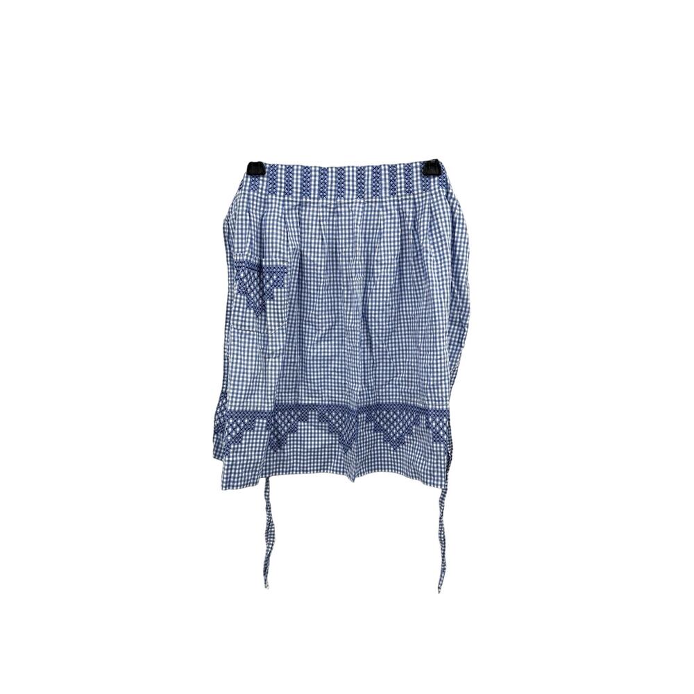 Vintage Waist Apron Needlepoint Embroidery Blue and White Gingham Tie Waist